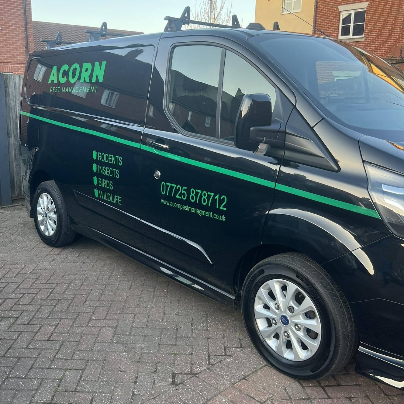 acorn pest management branded van in black with green lettering